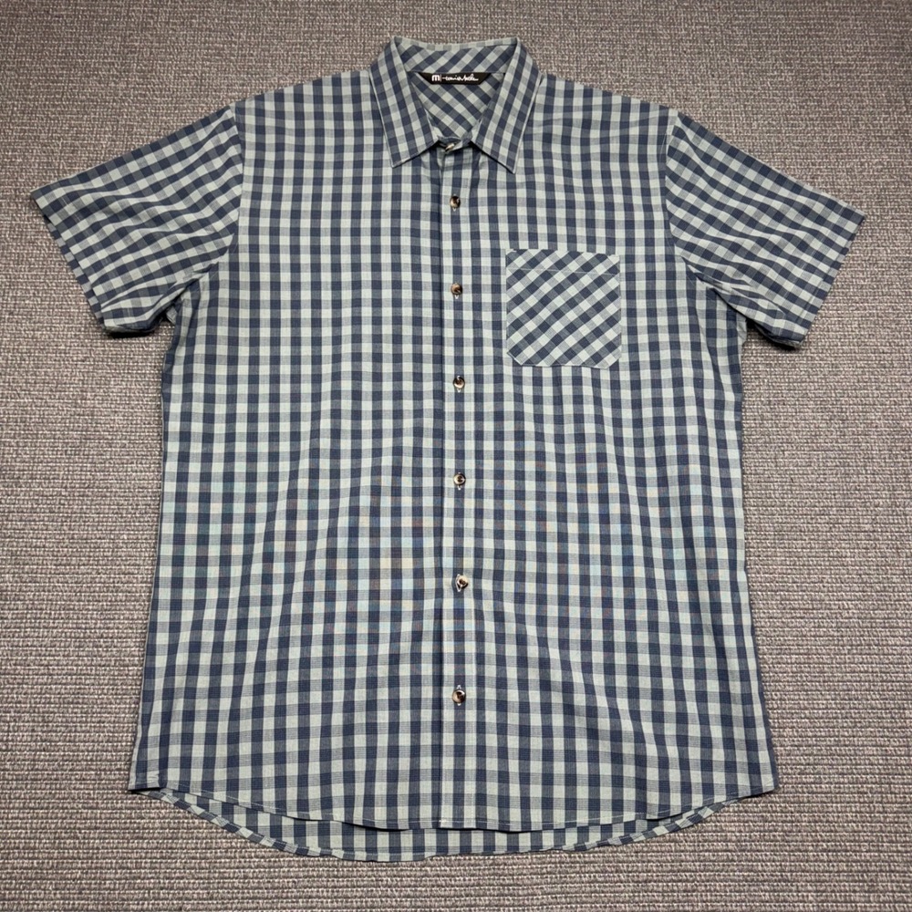 TravisMathew Mens‎ Large Blue Grey Gingham Short Sleeve Button Down Shirt L